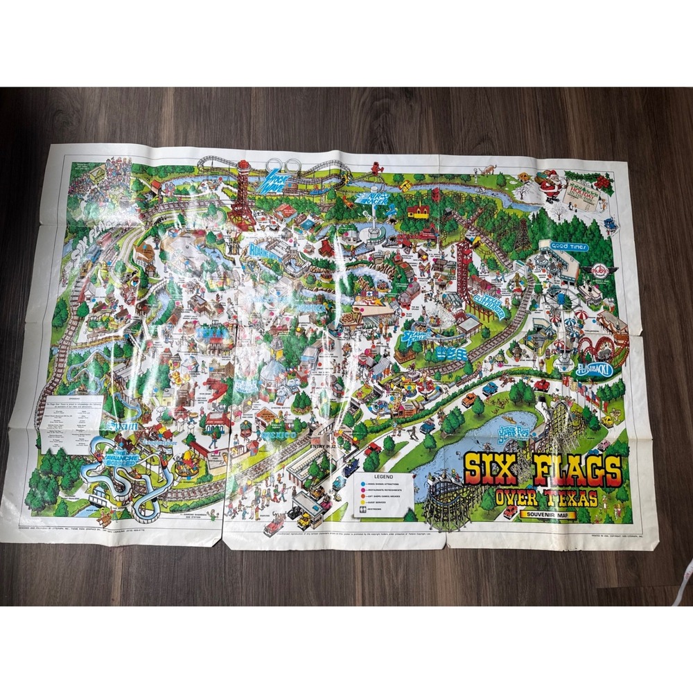 Six Flags Over Texas Souvenir Map Multi 1989 Vintage Park Poster Art READ